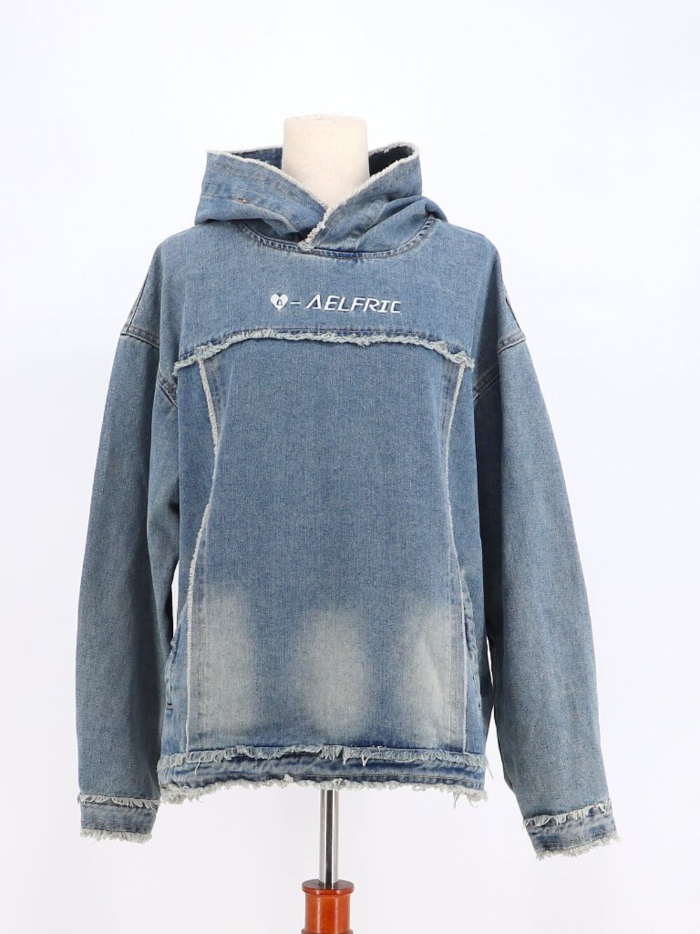 AELFRIC EDEN Denim Fringe Patchwprk Hooded Sweatshirt Unisex Size S